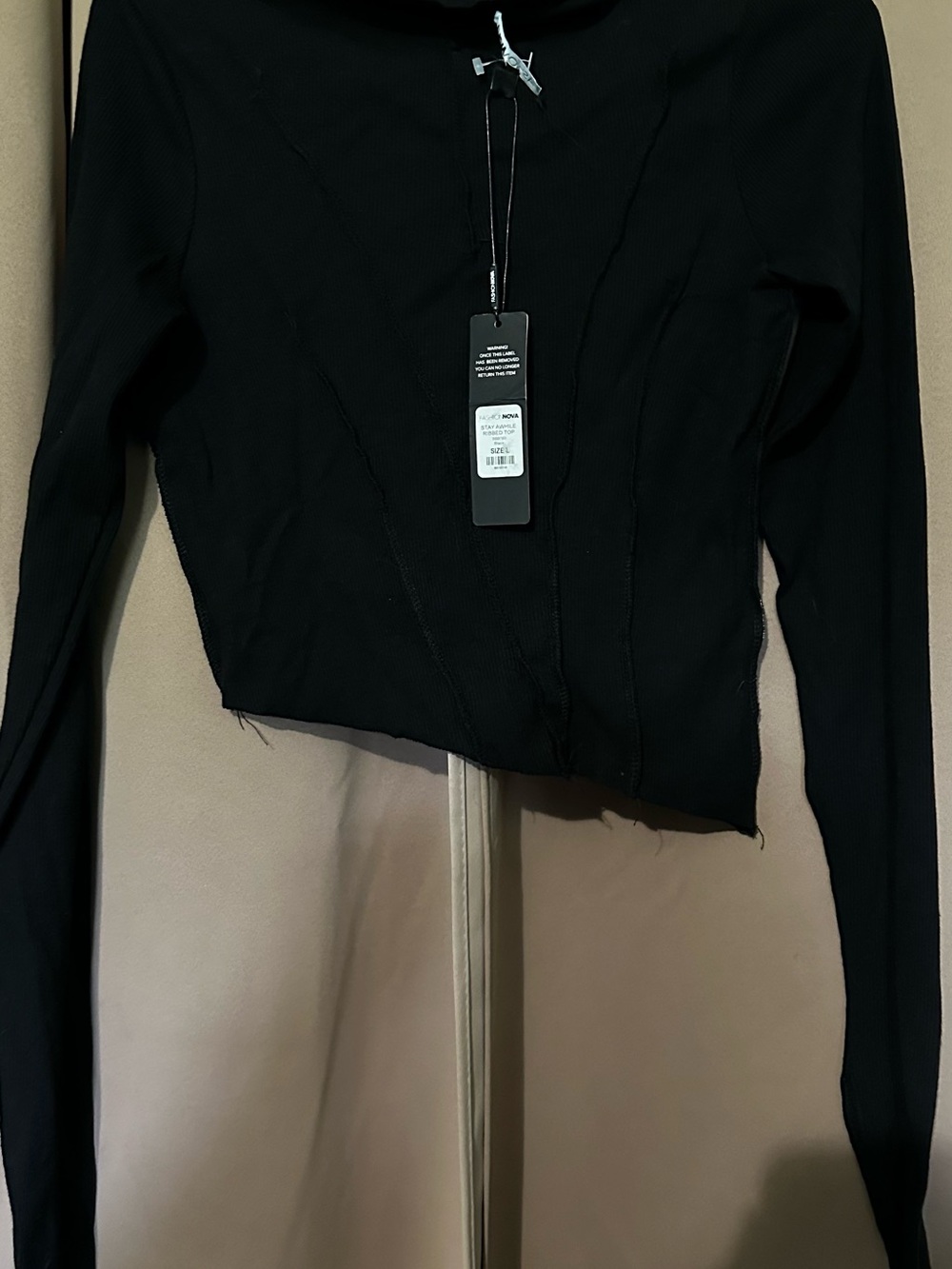 Fashion Nova Black Long Sleeve Raw Hem Crop Top